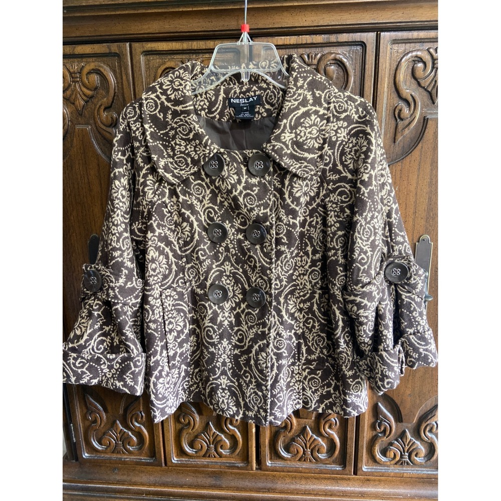Neslay Paris Womens Brown Damask Wool Blend Pea Coat Bell Sleeve Jacket Medium